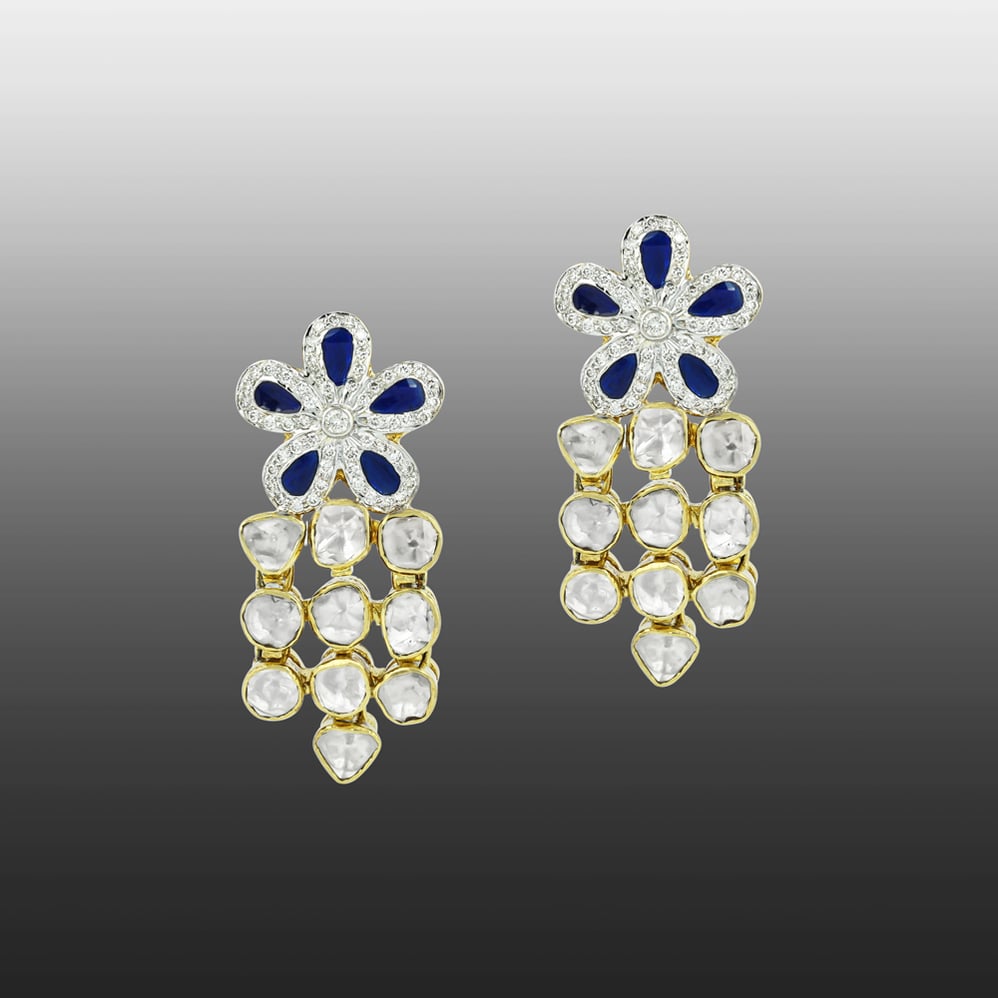 Floral Polki Earrings with Blue Stone and Cascading Polkis